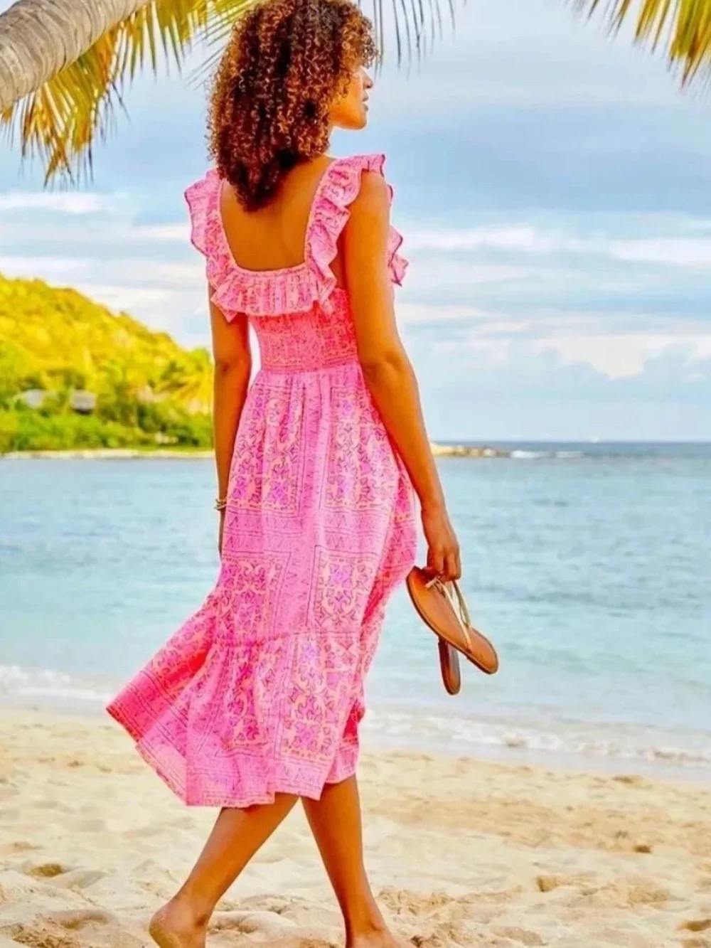 Vineyard Vines | Pink Ruffle Smocked Tiered Midi Women’s Dress Size XL
